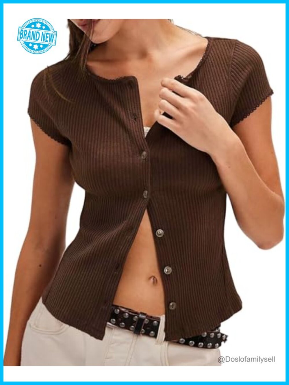 Women's Short Sleeve Button Down Ribbed Cardigan Fitted Y2K Top